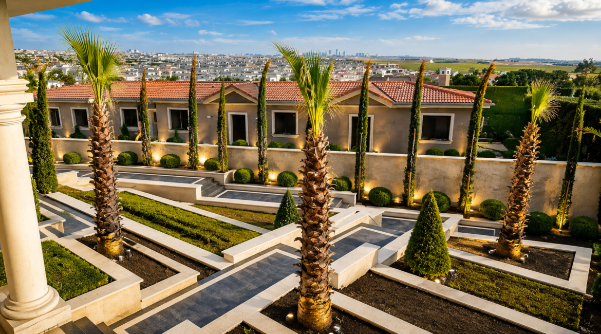 Lüks Villa Peyzaj Uygulaması ve Bahçe Düzenleme Projesi | Modern Dış Mekân Tasarımı Lüks villa bahçesinde palmiye ağaçları, doğal taş yürüyüş yolları ve profesyonel peyzaj uygulamalarının yer aldığı modern dış mekân tasarımı.