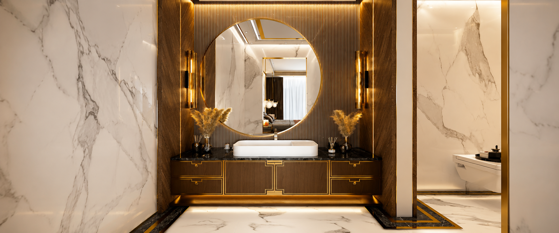 Mermer yüzeyler, ahşap detaylar, yuvarlak ayna ve özel tasarım lavabo ünitesiyle modern lüks banyo dekorasyonu.